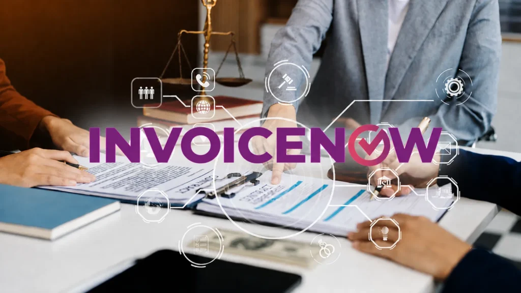 Singapore business professionals reviewing GST and invoicing documents with the InvoiceNow logo displayed prominently.