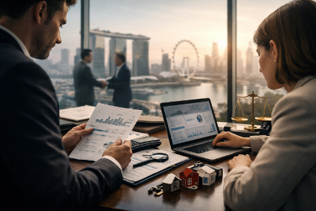 Impetus Group | Selling a Business in Singapore: What Buyers Scrutinise During Due Diligence Business owners and advisers reviewing financial records during due diligence for a business sale in Singapore.