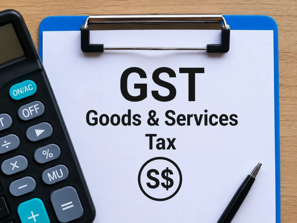GST document with calculator and pen representing services provided by a tax agent in Singapore.